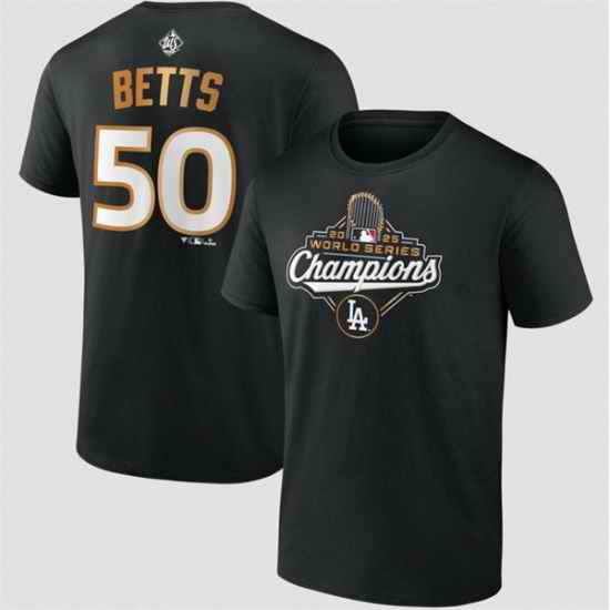 Men Los Angeles Dodgers 50 Mookie Betts Black 2025 World Series Champions Name 26 Number T Shirt